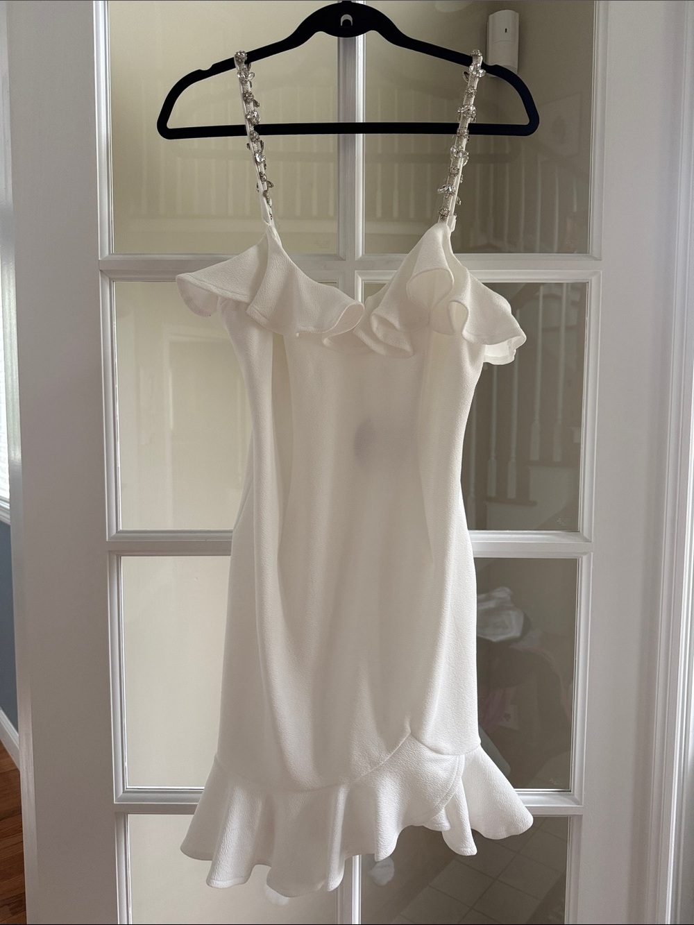 White Ruffle-Trim Spaghetti Jeweled Strap Dress